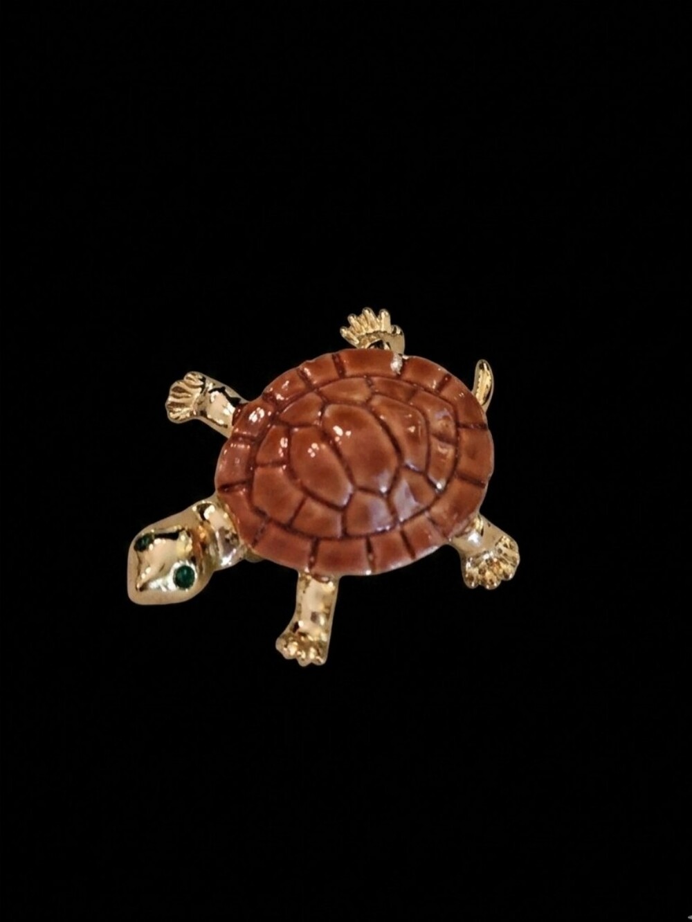 Vintage Gold Tone Turtle Brooch Pin Brown Enamel Shell Green Rhinestone Eyes
